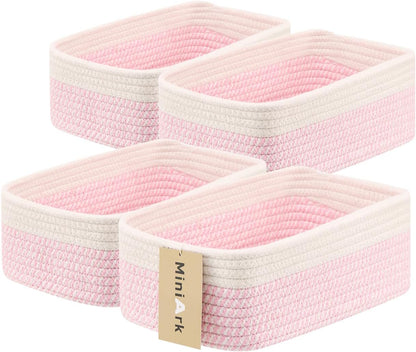 Small Storage Baskets for Organizing | Closet Organizer Bins | Shelf Toy Basket | Woven Rope Baskets | Cube Decorative Box | Shallow Basket | 11.5x7.5x4.7” | 4 Packs White Pink