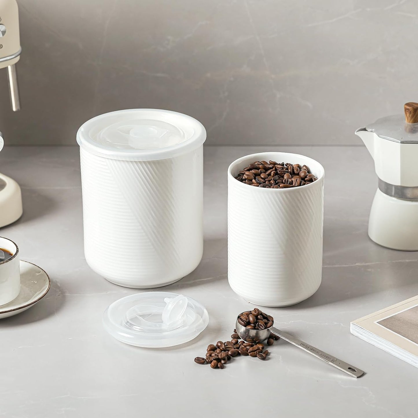 Food Storage Containers with Airtight Lids: Ceramic Canister Sets for Kitchen Countertop - Porcelain Jar for Coffee Tea Flour Sugar Rice Cookies Candy - White (23+42 oz)