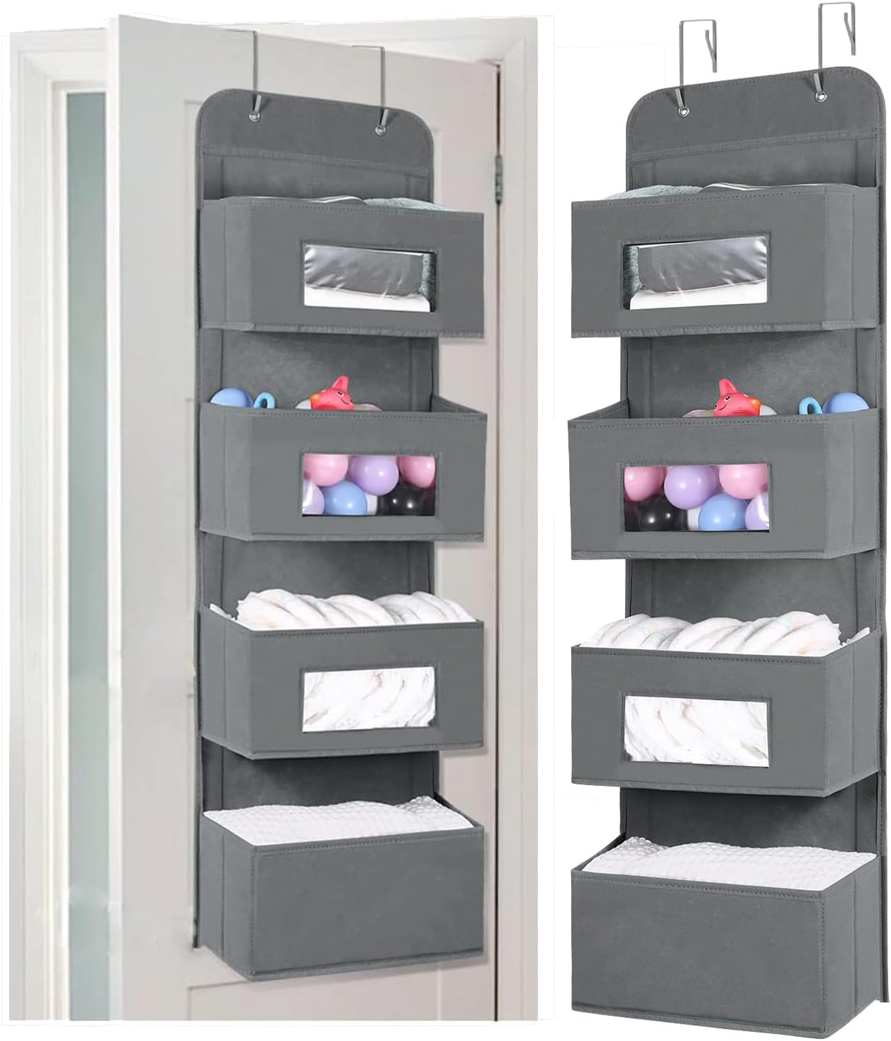 MAX Houser 4-Shelf Over The Door Hanging Organizer with 2 Metal Hooks,4 Pocket Over The Door Wall Mount Storage with Clear Windows for Baby Nursery Bathroom Closet,Bedroom,Dorm,Diapers,Kids Toys(Gray)