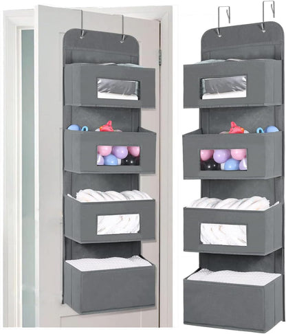 MAX Houser 4-Shelf Over The Door Hanging Organizer with 2 Metal Hooks,4 Pocket Over The Door Wall Mount Storage with Clear Windows for Baby Nursery Bathroom Closet,Bedroom,Dorm,Diapers,Kids Toys(Gray)