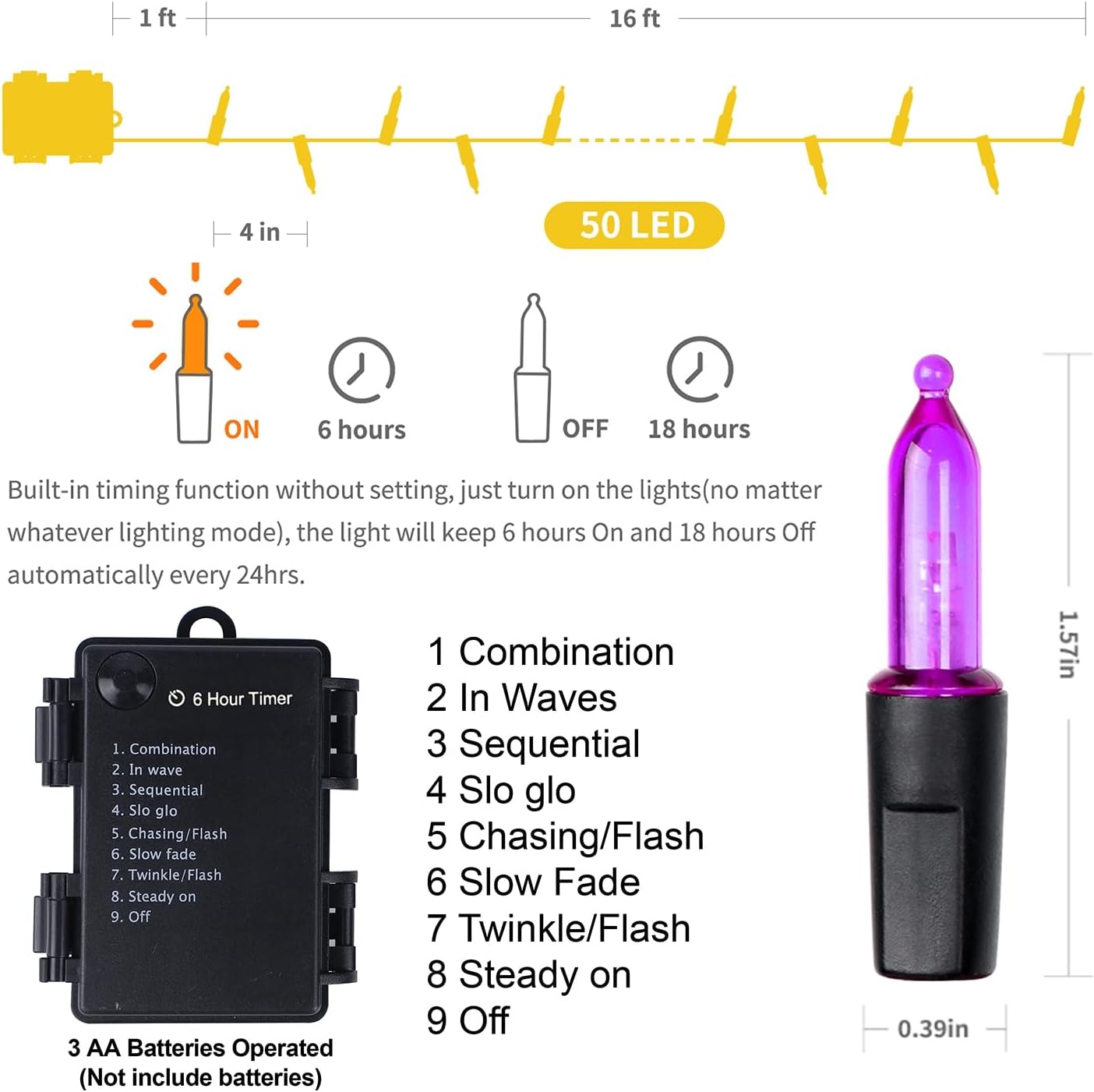 WATERGLIDE 50 LED Outdoor Halloween Lights, 16 FT Mini String Light with 8 Modes, Waterproof Battery Operated Tree Lights for Indoor Outdoor Patio Garden Party Wedding Decoration, Purple