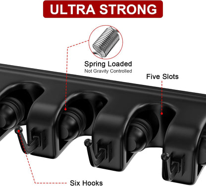 LETMY Broom Holder Wall Mount - Mop and Broom Hanger Holder - Garage Storage Rack & Garden Tool Organizer - 5 Position 6 Hooks Broom Rack for Home, kitchen, Garden, Tools, Garage Organization - Black