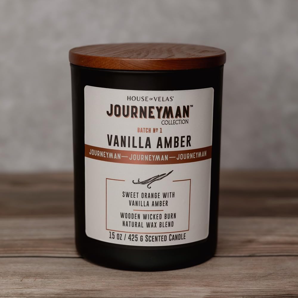 Journeyman Collection Candle, 15oz, Wooden Wick, Vanilla Amber, Large Painted Jar