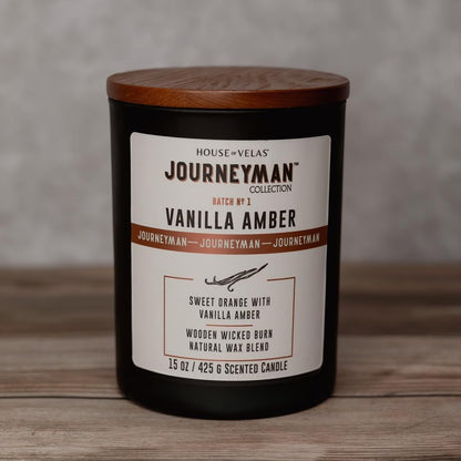 Journeyman Collection Candle, 15oz, Wooden Wick, Vanilla Amber, Large Painted Jar