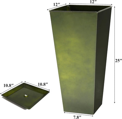 WORTH Garden 25" Large Metal Glazed Planter Set of 2, Luxurious Glossy Finish Green Tall Square Tapered Steel Plant Pots, Decor Flower Pot Indoor & Outdoor, Drainage Hole & Dual-Purpose Plant Saucer