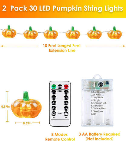 2 Pack 60LED Fall Decoration 3D Pumpkin String Lights Battery Operated, 20FT Fall Lights with Remote, Waterproof 8 Modes Fairy Lights for Autumn Harvest Thanksgiving Halloween Decor
