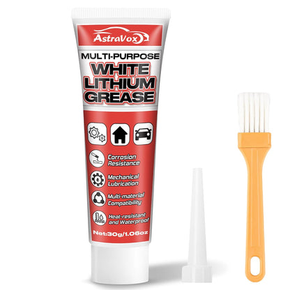AstraVox White Lithium Grease, Multi-Purpose Lubricant Lithium Grease with Brush for Hinges, Bearings, Gears, and Garage Doors, Ideal for Automotive, Marine, Industrial, and Household Use (1)