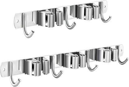2 Pcs Mop Broom Holder Wall Mounted, Dustpan Holders, Stainless Steel Mop Hangers Organizer, Broom Rack, Utility Hook for Hanging Brooms and Mops(3 Racks 4 Hooks and 2 Racks 3 Hooks)