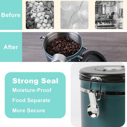 Coffee Canister Airtight Storage Container Stainless Steel Air Tight Coffee Jar with Scoop, Date Tracker CO2 Release Valve for Dry Food, Beans, Ground, Tea, Flour, Cereal and Sugar (Green)