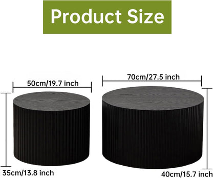 Round Nesting Coffee Table Modern Black Fluted Coffee Table Set of 2 for Living Room Circle Drum Coffee Tables Round Nesting Tables for Small Spaces (Black B 27in)