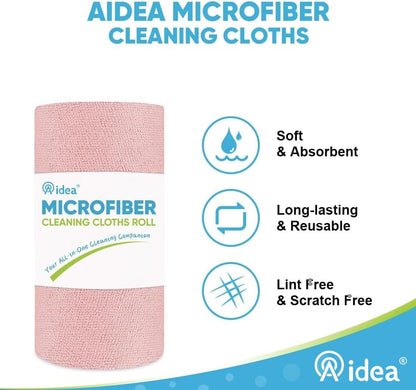 AIDEA Microfiber Cleaning Cloth Roll, 55 Sheets, Pink Towel, Microfiber Towels for Cars, Reusable Paper Towels, Shop Rags Washable, Cleaning Rags for Automotive, House, Kitchen, Cleaning Supplies11×9"