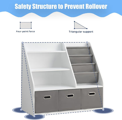 Wood Kids Bookshelf, Toy Organizer with Bookshelf, Montessori Toy Shelf W/Sling Rack & Fabric Toy Bins, Toy Storage Organizer for Toddler Children, Wooden Book Shelf for Kids Room Playroom