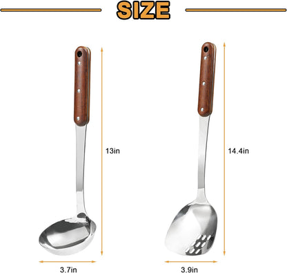 FJNATINH Stainless Steel Wok Spatula and Ladle Tool, Mirror Polished Cooking Utensils Set Metal Wok Accessories with Wooden Handle,Easy to Clean Kitchen Utensils,Sliver
