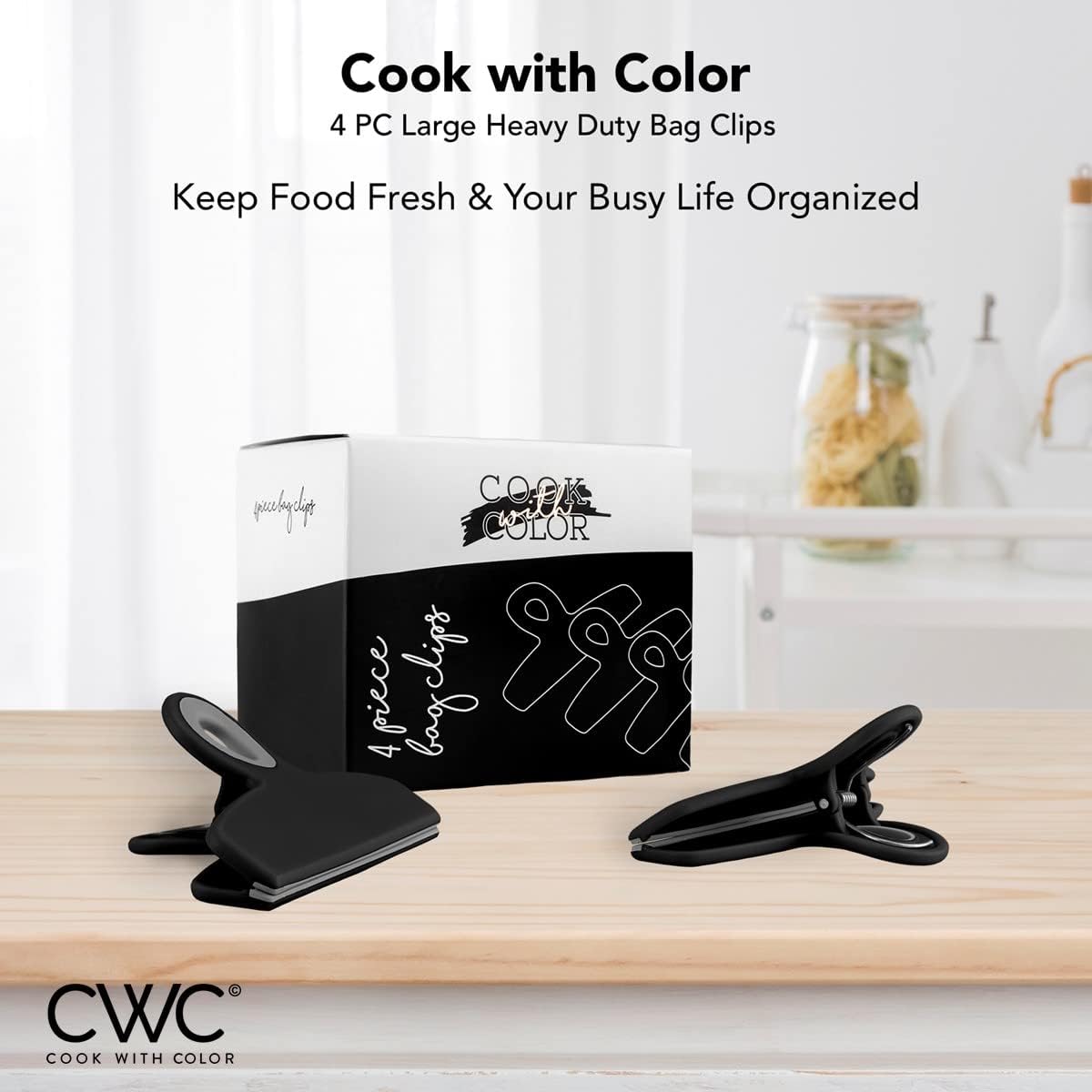 COOK WITH COLOR Bag Clips - Heavy Duty Chip Clip and Refrigerator Magnet Clips for Food Storage with Air Tight Seal Grip, Black, Pack of 4 Large Clips