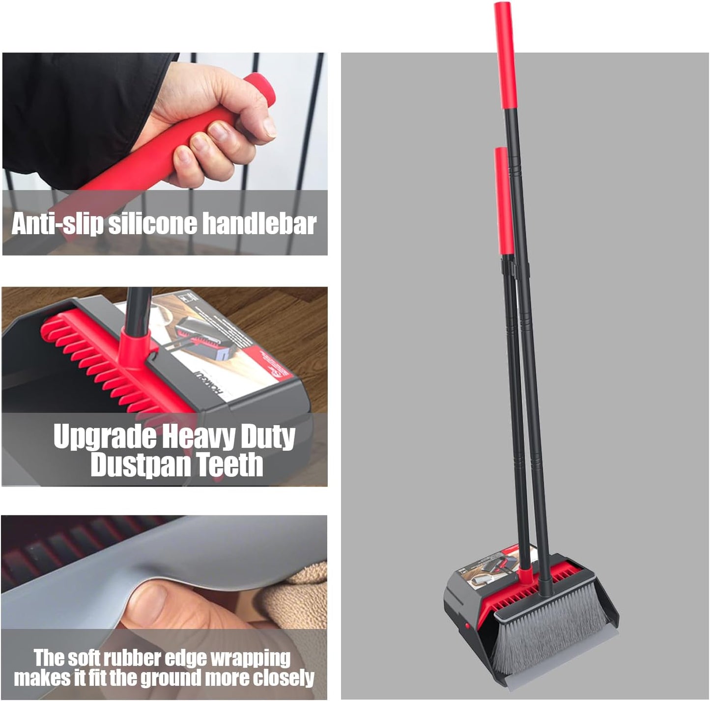 Broom with Dustpan Combo Set, Dust Pans with Long Handle, Brooms with Dustpan, Dust Pan Broom Kit for Home Kitchen & Yard Outside Sweeping(Gray&Red)