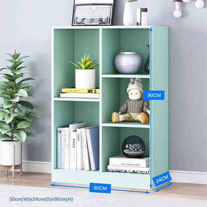 IOTXY Open Shelf Low Bookcase - Wooden 3-Tier Floor Standing Display Cabinet Organizer with Base, 5 Cubes Short Horizontal Bookshelf in Tiffany-Green