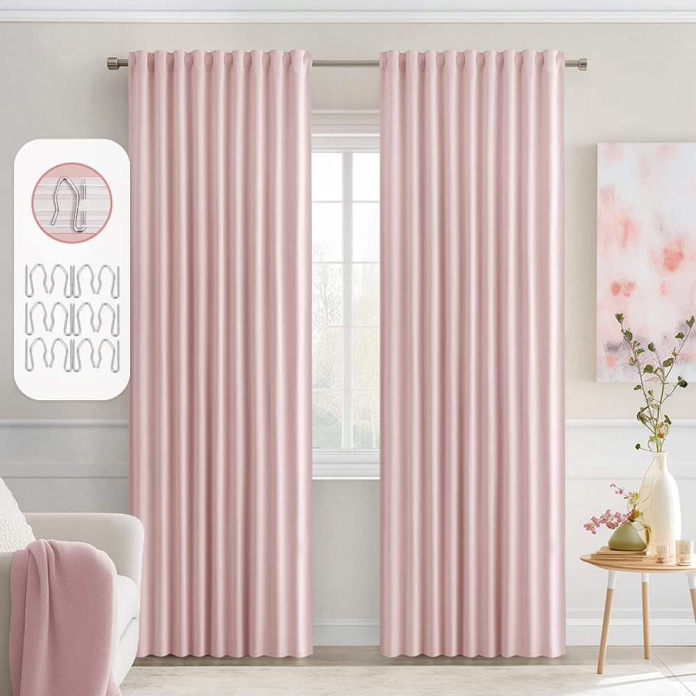 MIULEE Baby Pink Back Tab Blackout Curtains 72 Inch Length 2 Panels Set for Living Room Bedroom Privacy, Rod Pocket/Pinch Pleat Thermal Insulated Room Darkening Pleated Light Blocking Drapes