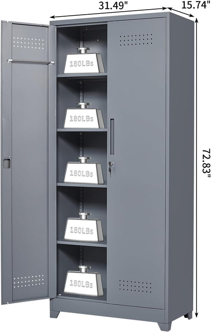 Metal Tool Storage Cabinet, Broom Closet with Hooks, 72.8" Tall Garage Cabinet with Shelves, Heavy-Duty Cleaning Storage for Utility Room, Gym, Office, Garage