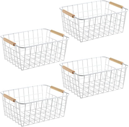Kitchen Wire Baskets Farmhouse Decor Metal Food Storage Organizer,Household Refrigerator Bin with Built-in Handles for Cabinets, Pantry,Bathroom 4 Packs (white)