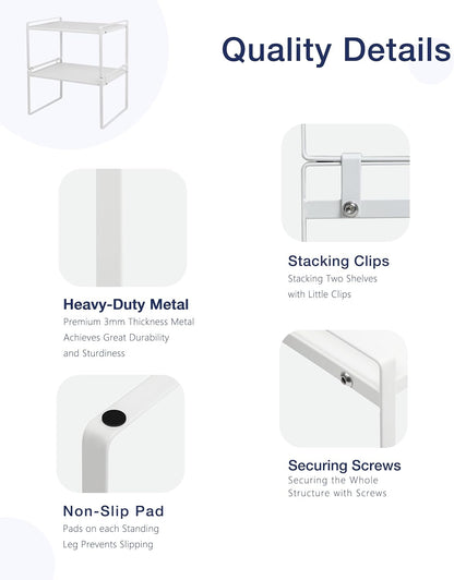 Nxconsu 2Pack Cabinet Shelves Stackable Shelf Organizer Rack Riser for Kitchen Cabinet Pantry Cupboard Counter Countertop Home Organization Storage Space Saver Heavy Duty Metal Nonslip White Wide Tall