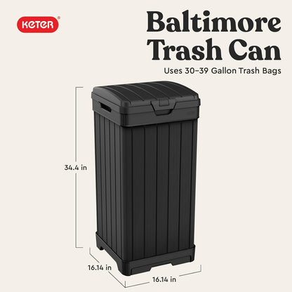 Keter Baltimore Resin 38 Gallon Outdoor Kitchen Trash Can with Lid and Drip Tray for Easy Cleaning-Perfect for Patio Dining, Black
