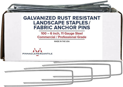 Pinnacle Mercantile USA Made 100 Pack Garden Landscape Staples Weed Barrier Fabric Stakes Galvanized 6 inch Pins Anti Rust Sod Staple 11 Gauge Steel