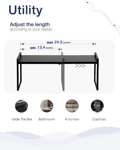 Nxconsu Expandable Cabinet Shelf Organizer Riser for Kitchen Pantry Cupboard Under Sink Countertop Home Storage Organization Rack Space Saver Freestanding Heavy Duty Nonslip Stackable Black