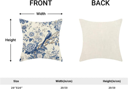 CXMEIFLY Spring Floral Pillow Covers 20 x 20 Inch Set of 2 for Chinoiserie Flowers Bird Decor Throw Pillows Vintage Blue and White Plant Outdoor Decorative Cushion Cases for Couch Bed Decorations