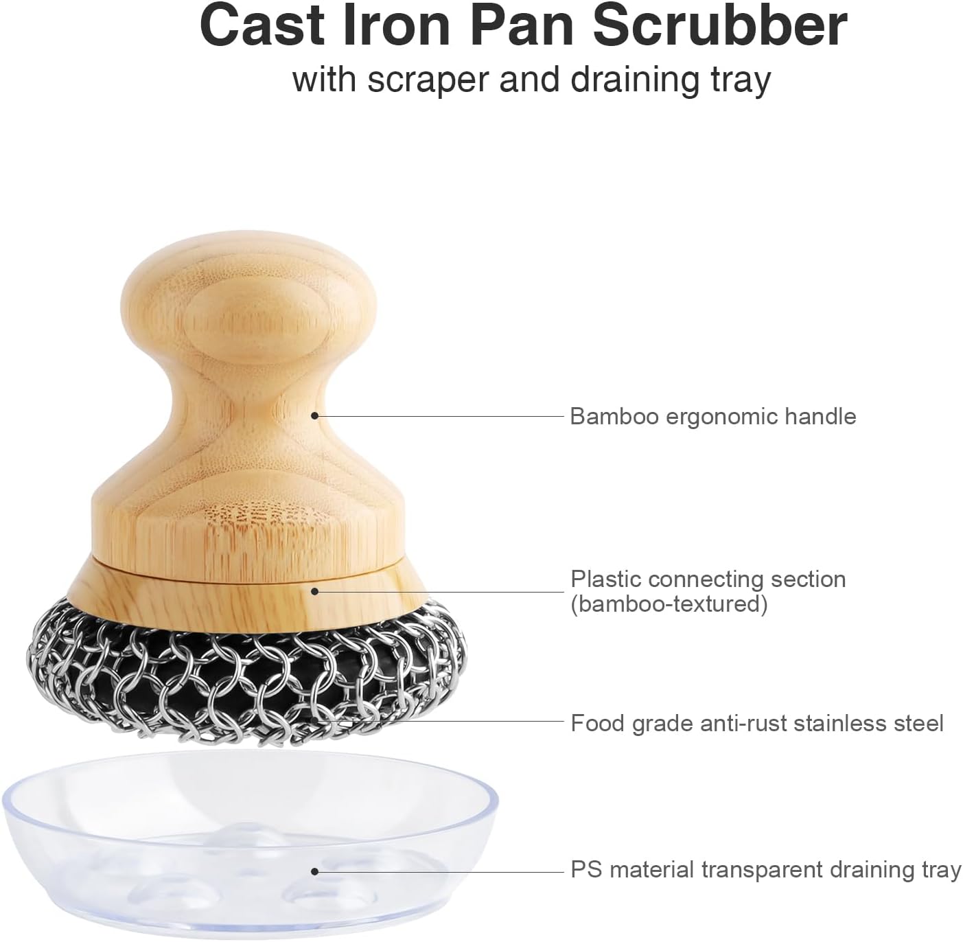 Cast Iron Scrubber and Scraper,Chain Mail Cleaner with Bamboo Handle & Draining Tray,316 Stainless Steel Brush for Cleaning Pots,Pans,Wok,Bakeware,Griddles, Grills,Dishes (Large Chain Mail)