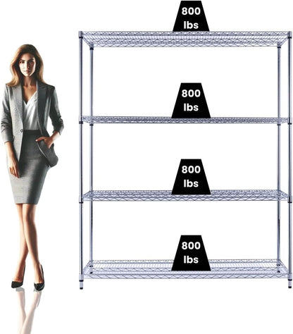 60"x18"x72" Chrome Premium Metal Steel Wire Shelving 4-Tier NSF 3200 LBS MAX Capacity Heavy Duty Storage Rack for Garages, Commercial Spaces, Hospitals, & Schools w/Premium Wheels