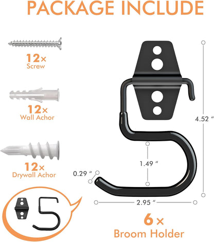 LIGHT DUST Broom Holder Wall Mount - 6 Pack Tool Hangers Garage Wall Hanging Organizer - Heavy Duty Metal Large S Hooks for Mop Shovel Rake Shed Garden Lawn Yard Handle Tools Organization (Black)