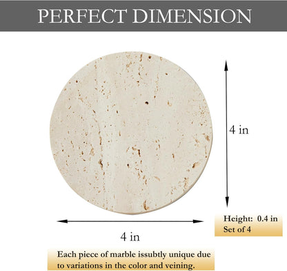 Marble Coasters – Set of 4 –Beige Travertine Bar Coasters for Drinks, Coffee –Stone Holder for Home Décor, Housewarming Gifts (Round)