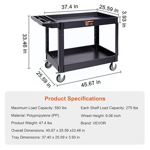 VEVOR Utility Service Cart, 2 Shelf 550LBS Heavy Duty Plastic Rolling Utility Cart with 360° Swivel Wheels (2 with Brakes), Large Lipped Shelf, Ergonomic Storage Handle for Warehouse/Garage/Cleaning