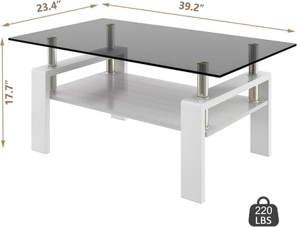 Glass Coffee Table Rectangle Living Room Center Table, with Gray Tempered Glass Tabletop and White MDF Layer,for Living Room and Office, Gray+White