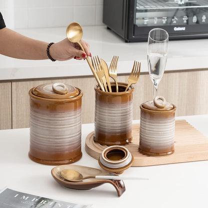 Nihow Ceramic Food Storage Jar Sets: Container with Air Tight Ceramic Lid for Flour/Sugar/Rice/Coffee/Cookies/Candy - Seal Damp-proof Canister for The Kitchen - Set of 3 （Brown）