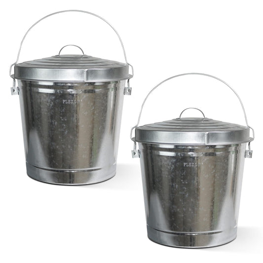 Plexon 10 Gallon Metal Trash Can with Locking Lid Galvanized Bucket with Lid for Poultry Feed Bird Seed Storage Ash Outdoor Garbage Trash Bin, 2 Pack