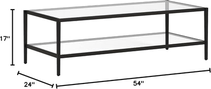 Henn&Hart 54" Wide Rectangular Coffee Table with Glass Shelf in Blackened Bronze, Modern coffee tables for living room, studio apartment essentials