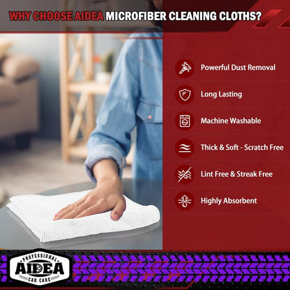 AIDEA Microfiber Cleaning Cloth White 10PK, Microfiber Towels for Cars, Premium Car Cloths, Dusting Cloth Lint Free Cleaning Rags for SUVs, House, Kitchen, Window, Workshops,12×12"