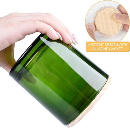 14 OZ Thick Candle Jars for Making Candles 12 Pcs, 3 Wick Empty Jars with Wood Lids for Candle Making, Sample Container,Clear Green