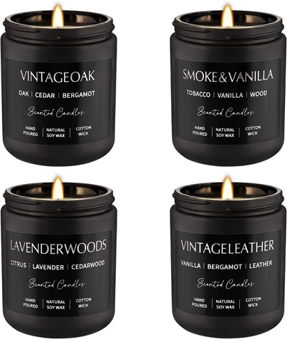 Scented Candles Gift Set - 4 Pack (7oz Each) Soy Wax Aromatherapy Candles with Essential Oils, Smokeless - Leather & Smoke, Vanilla Oakmoss, Lavender - Relaxing Fragrance for Home, Office, Yoga