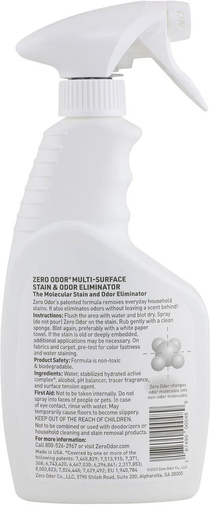 Zero Odor – Multi-Surface Stain Remover & Odor Eliminator - Remove Stains and Odor Patented Molecular Technology Best for Carpet, Rug, Linens, Furniture, Floors, 16oz