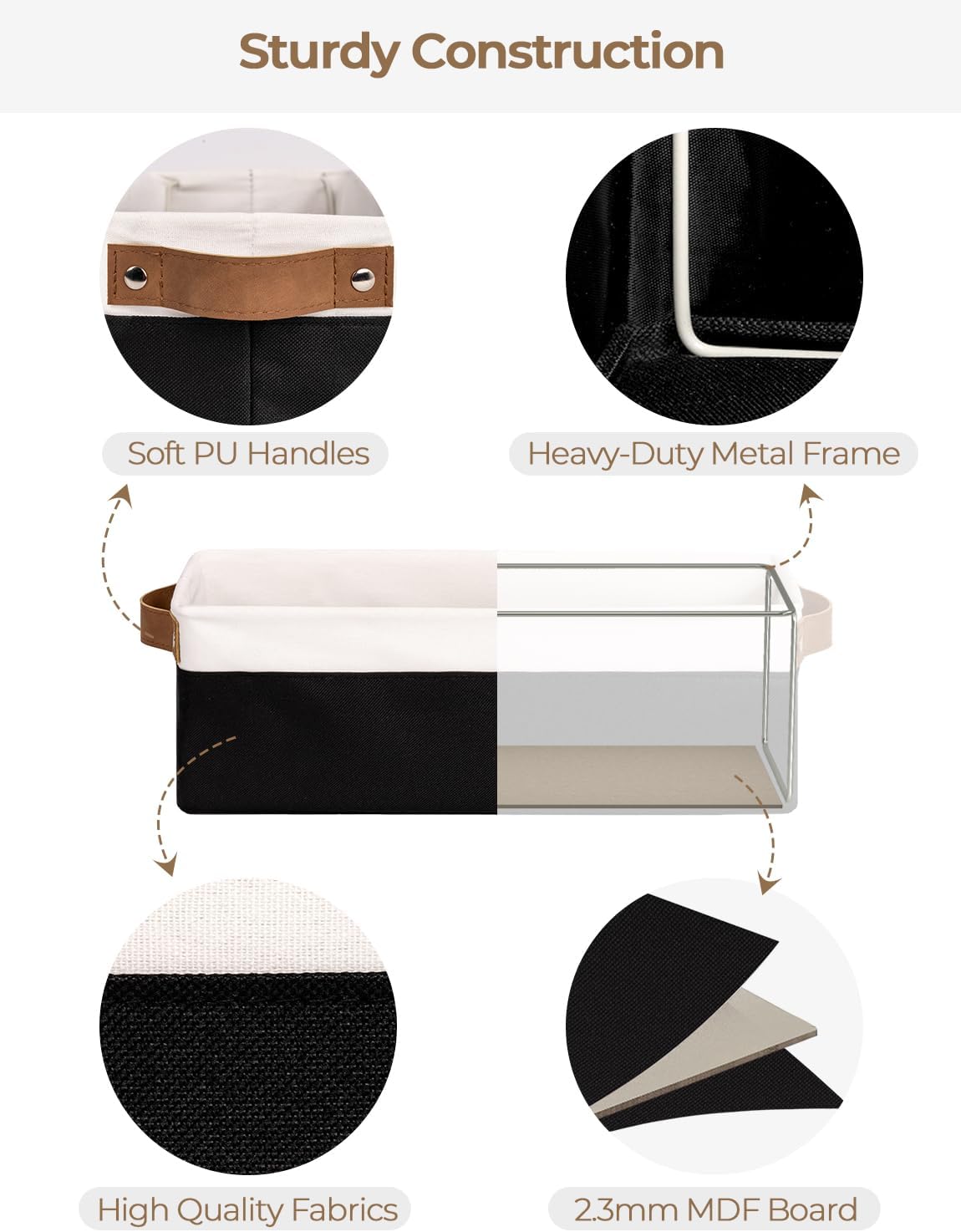 StorageWorks Narrow Storage Bins, Small Basket for Closet and Shelves, Fabric Organizer with Handles, Toilet Paper Storage, Black and White, 2-Pack