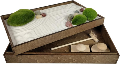 Wooden Stackable Zen Garden | White Sand with Rake & Accessories | Minimalist Decor Gift for Relaxation