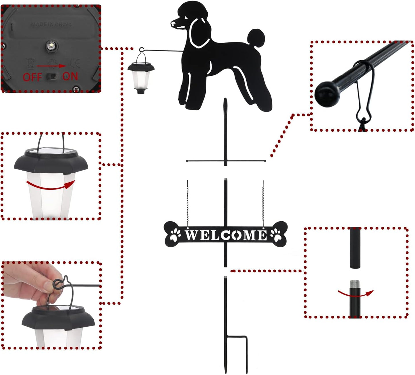 BAYN Solar Poodle Garden Stakes Decorative with a Lantern Dog Silhouette Welcome Sign Outdoor Garden Decor for Yard, Lawn, Patio, Pathway