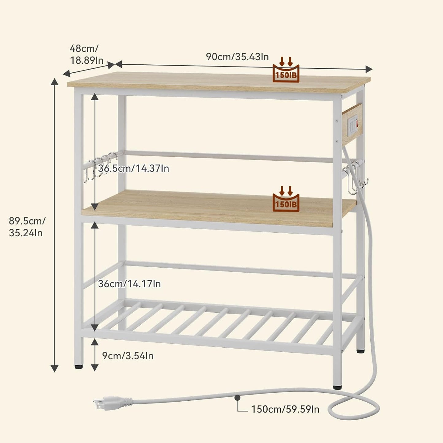 IBUYKE Kitchen Island with Storage, Bakers Rack with Power Outlet,Microwave Stand with Large Worktop,Rolling Bar Cart for Home, Outdoor, Kitchen,Light Wood TMJ029R