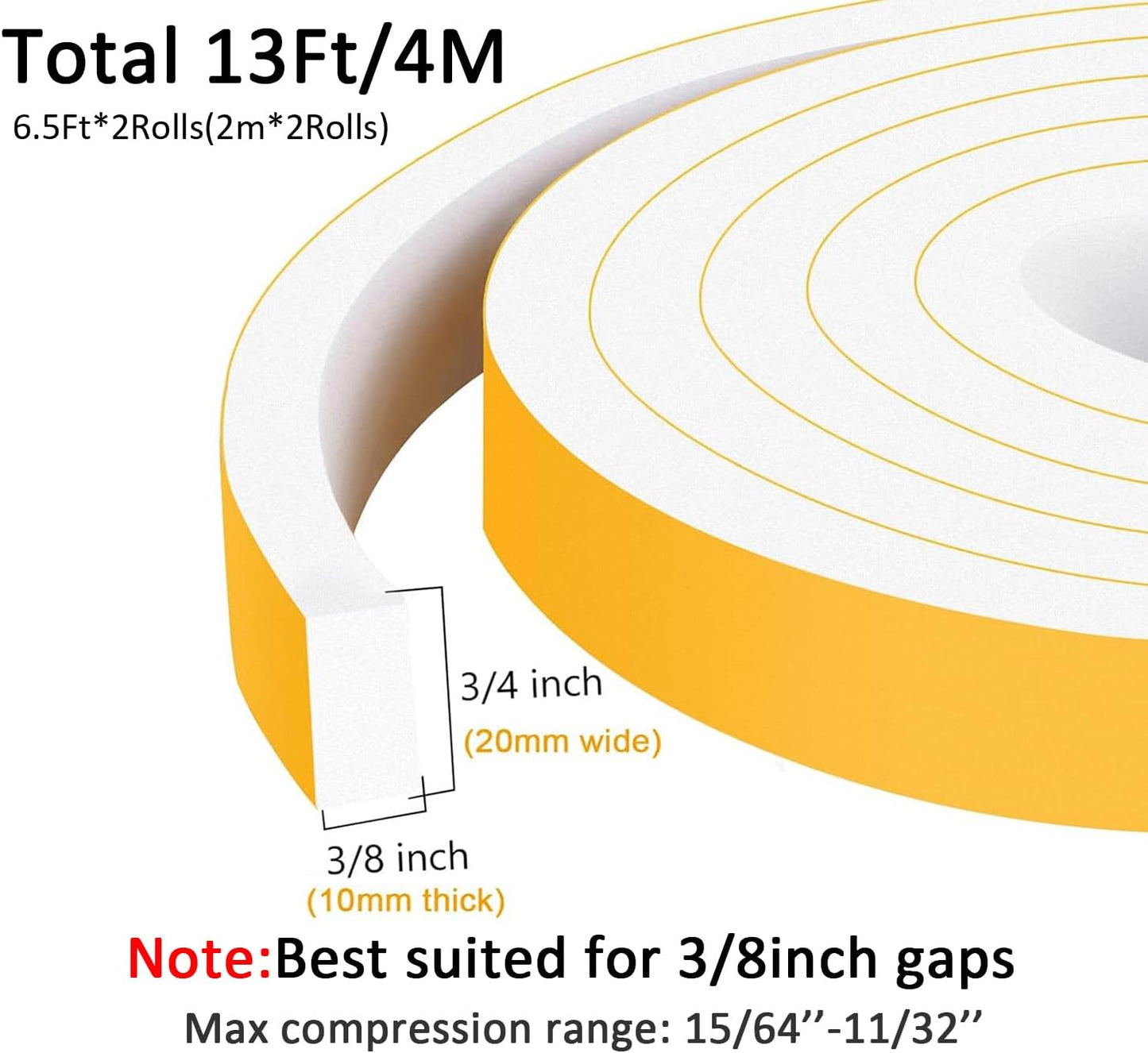 White Foam Insulation Tape, Strong Adhesive Weather Stripping Door Seal for Doors and Windows,Sliding Door,High Density Rubber Weatherstrip, SoundProof Weatherproof (3/4 in x 3/8 in x 13Ft)