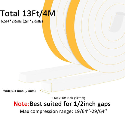 Strong Adhesive Weather Stripping for Doors and Windows, High Density Door Seal, SoundProof Weatherproof Foam Insulation Tape, Windproof, Anti-Scratch Weatherstrip (3/4 in x 1/2 in x 13Ft)