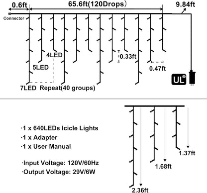 White Christmas Lights Outdoor, 66ft 640 LED Icicle Lights for Outside House with Connectable Clear Wire 8 Modes Timer, Plug in Waterproof for Home Holiday Eaves Yard Roof Party Room Indoor Decoration