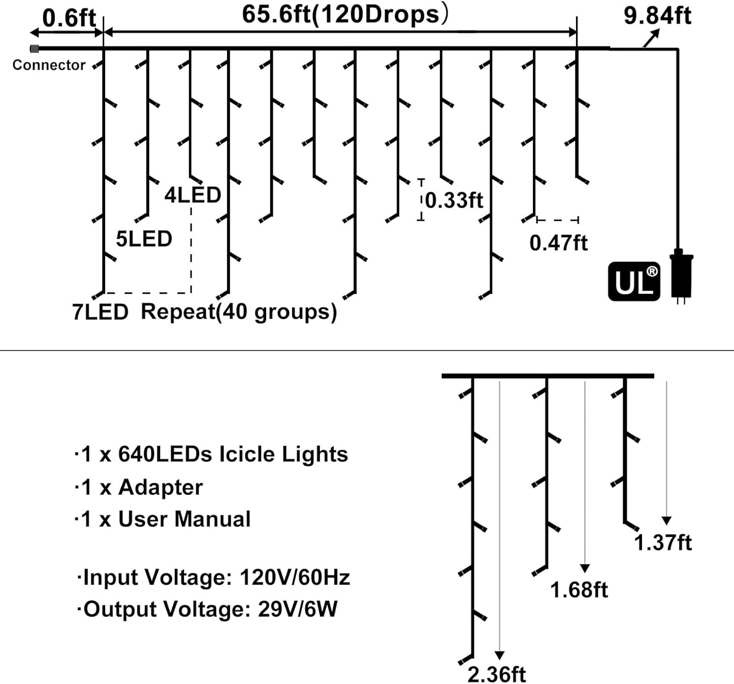 Blue Christmas Lights Outdoor, 66ft 640 LED Icicle Lights for Outside House with Connectable Clear Wire 8 Modes Timer, Plug in Waterproof for Home Holiday Eaves Patio Yard Party Room Indoor Decoration