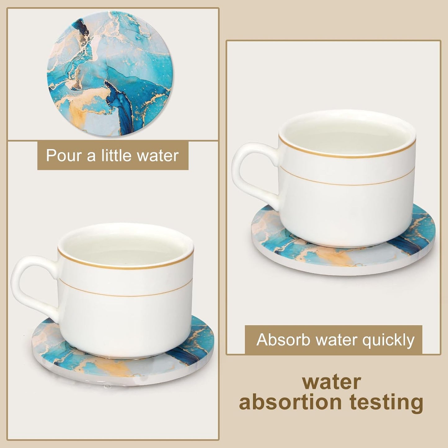 6 Pcs Light Blue Marble Abstract Ceramic Coasters with Holder Best Round Drink Absorbent Coasters for Desk, Lounge, Coffee, Wine, Beverage, Dining Table Decor, Bar Coaster Set